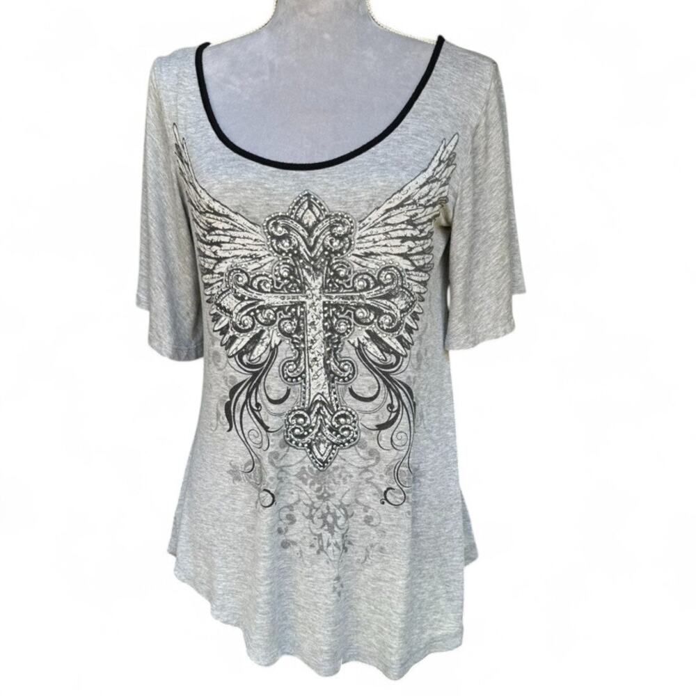 BIG BANG USA Y2K Rhinestone Cross Wing Graphic Tattoo Top Gray Black Trim‎ S/M